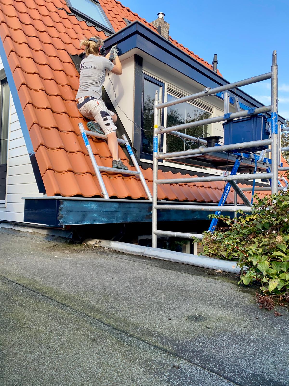 Lilli aan het werk op een dakkapel